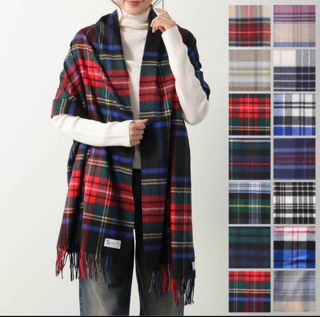 ジョンストンズ　大判　カシミヤ　ストール　ブラックスチュアート　チェック