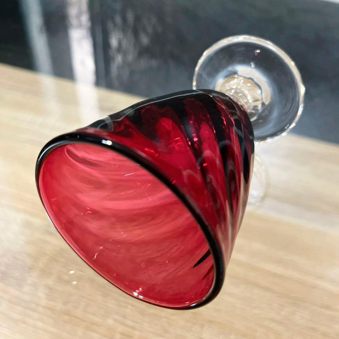 骨董　時代　希少金赤ガラス　モールガラス調　流線型　アイスコップ　ウラン ①