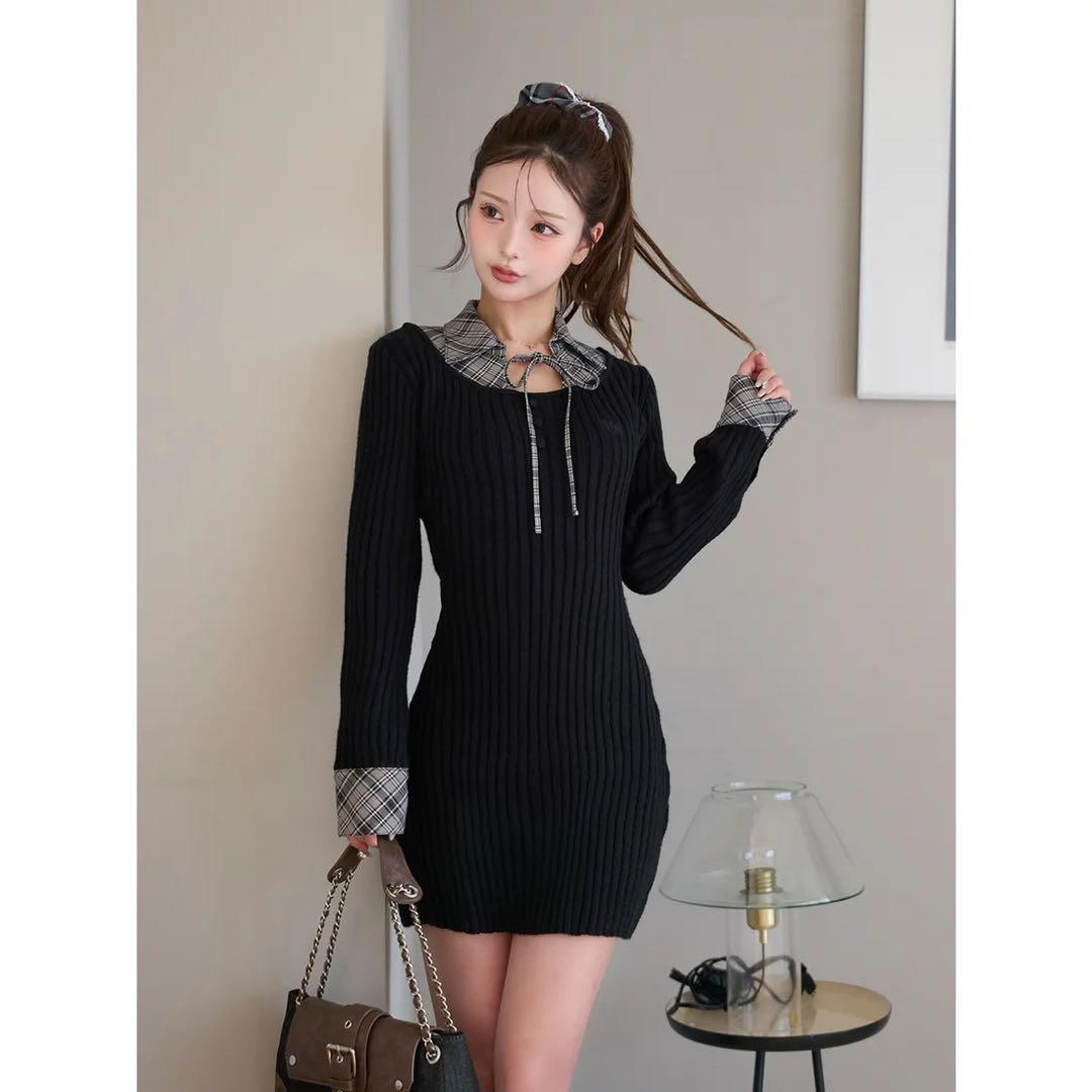 新品タグつき ダーリッチ レイヤードライクニットミニワンピース ブラック