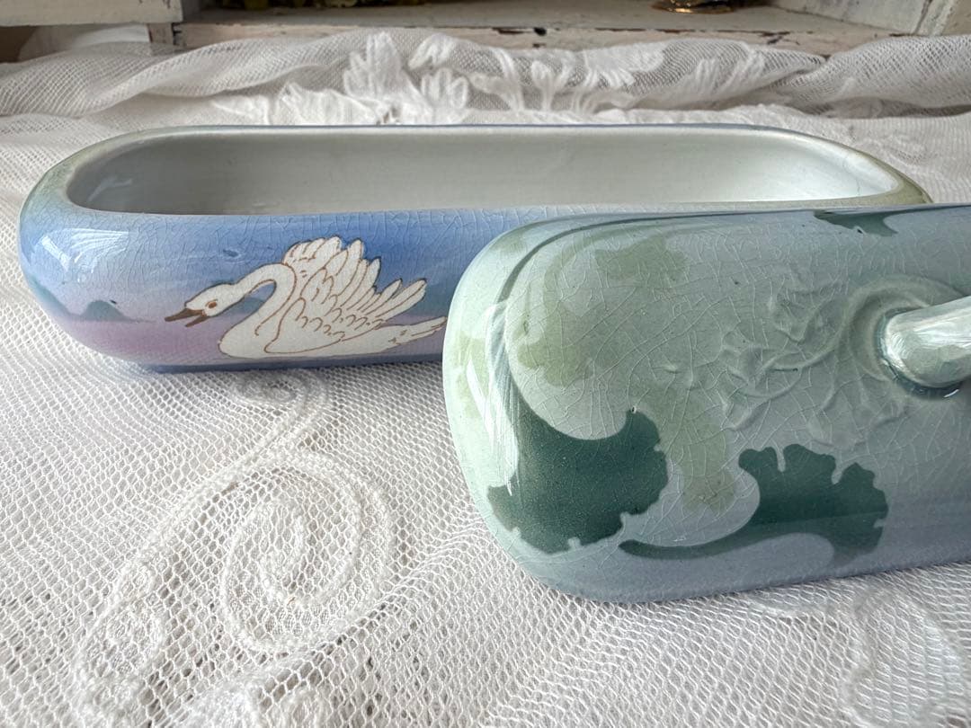 フランスアンティーク 蓋付きケース リュネヴィル窯 スワン 白鳥 小物入れ