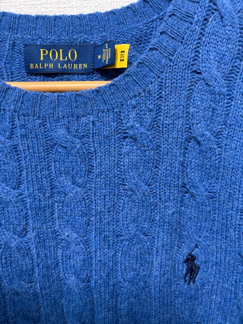 ラルフローレン カシミヤ混　ケーブルニット ブルー M