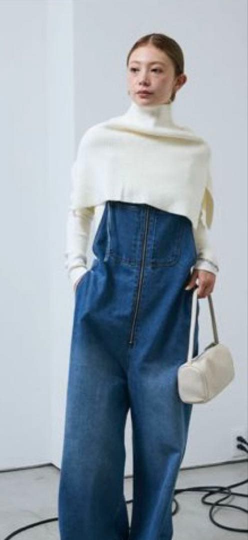 IAMALPHAケープアンサンブルニット+デニムサロペット　3点セット