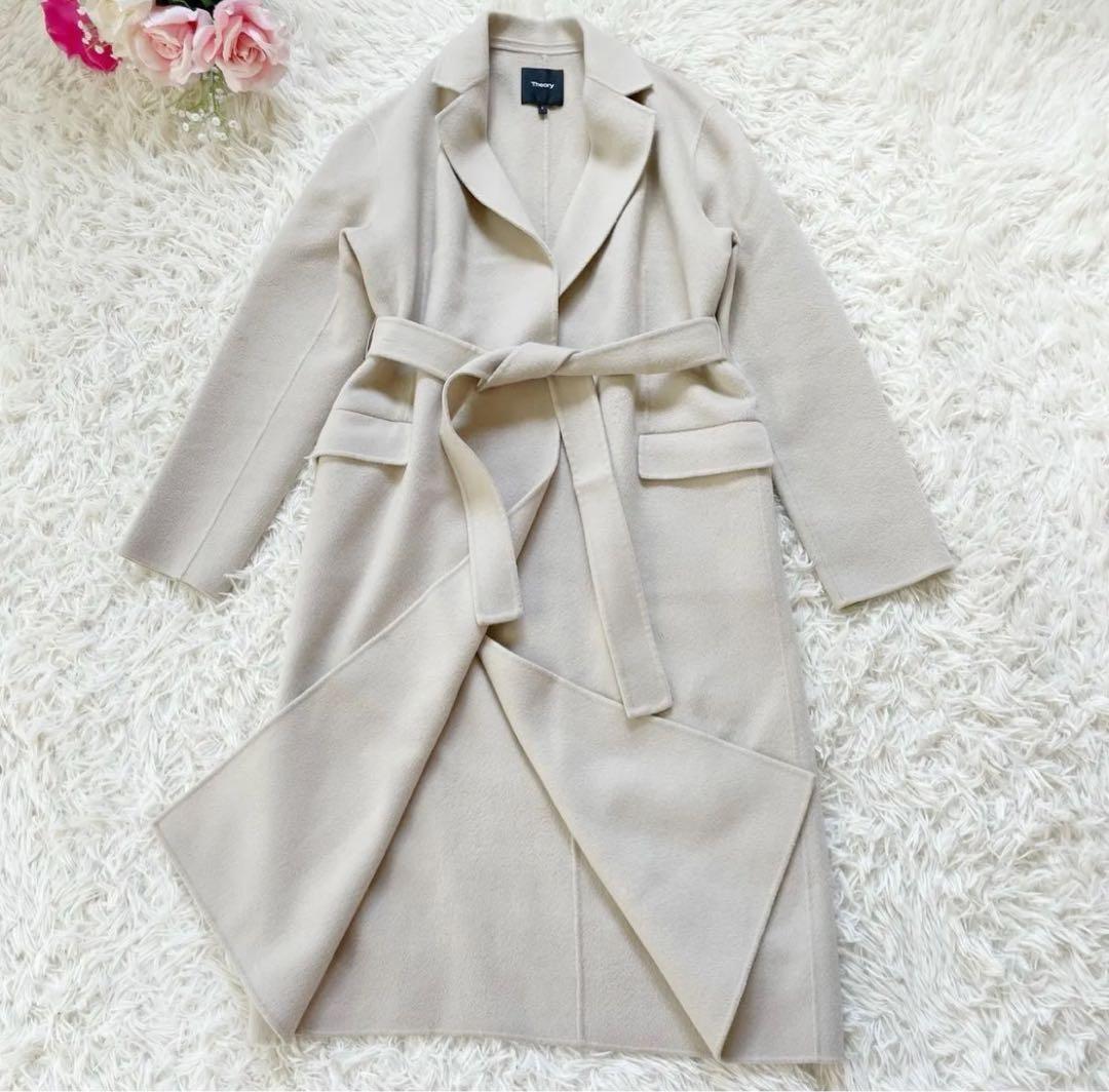 セオリー カシミヤダブルフェイスロングコート ベージュ S ベルト