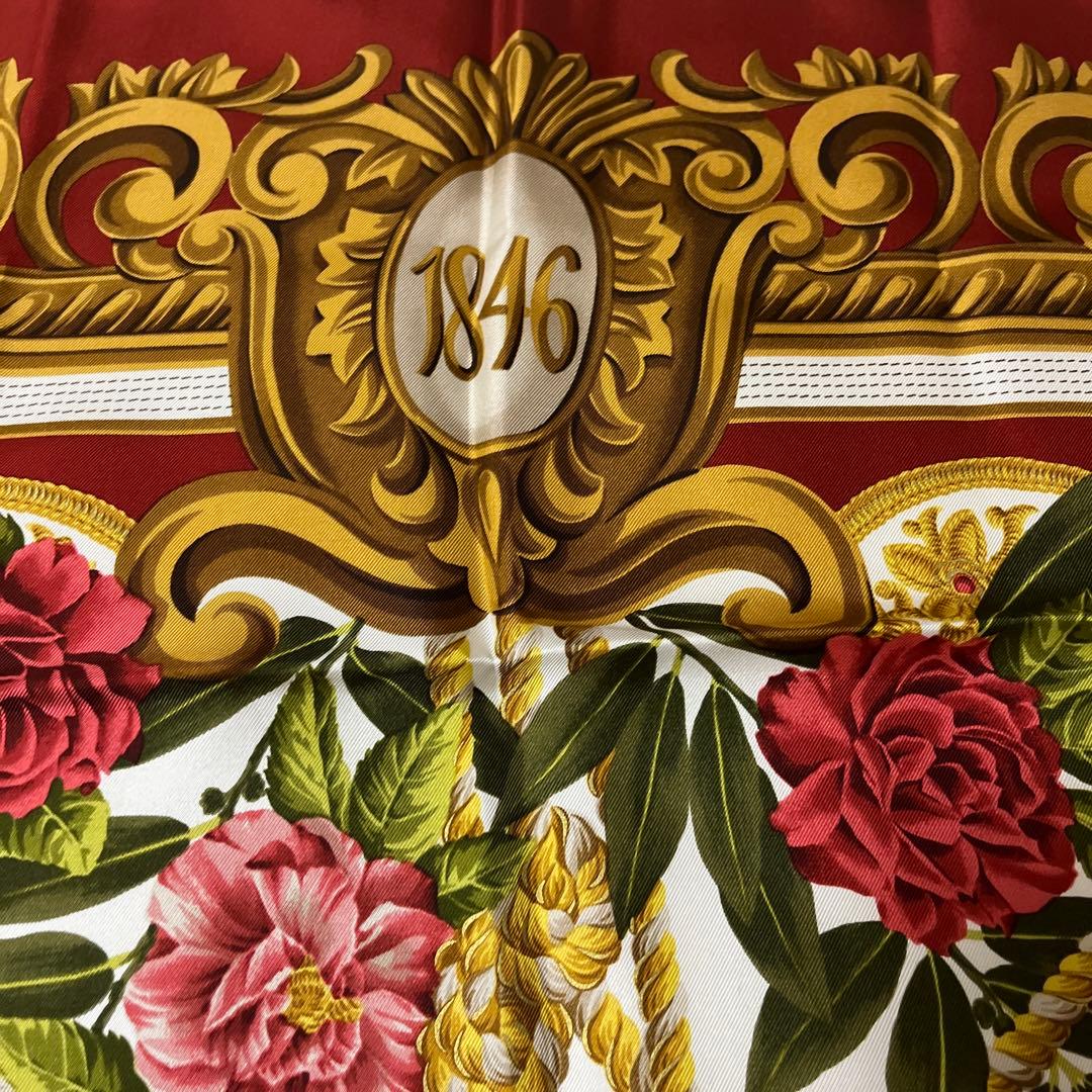 極美品 LOEWE スカーフ 大判 アナグラム 花 タッセル シルク オレンジ