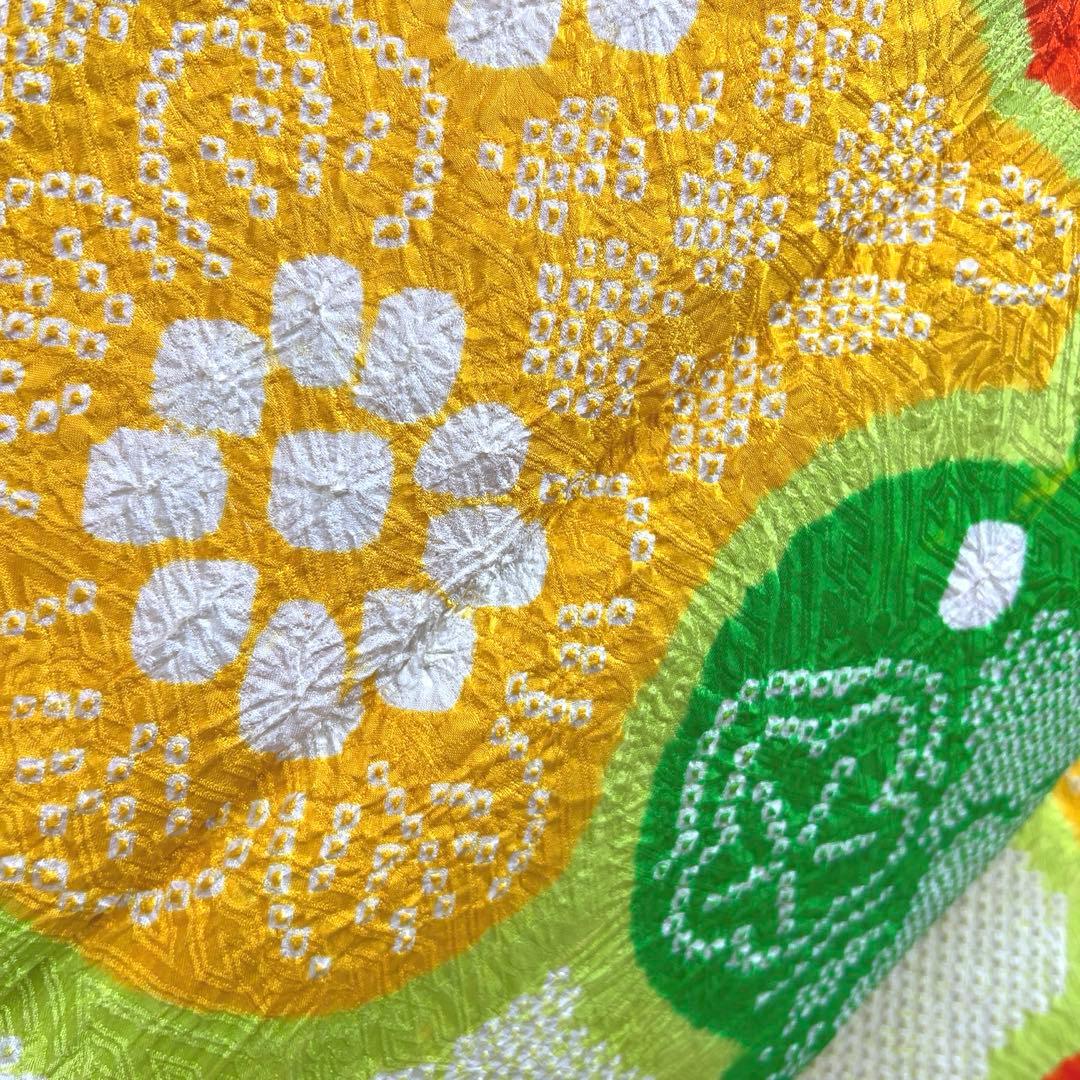 358 振袖フルセット 正絹 総絞り 黄緑 グリーン 黄色 朱赤 カラフル