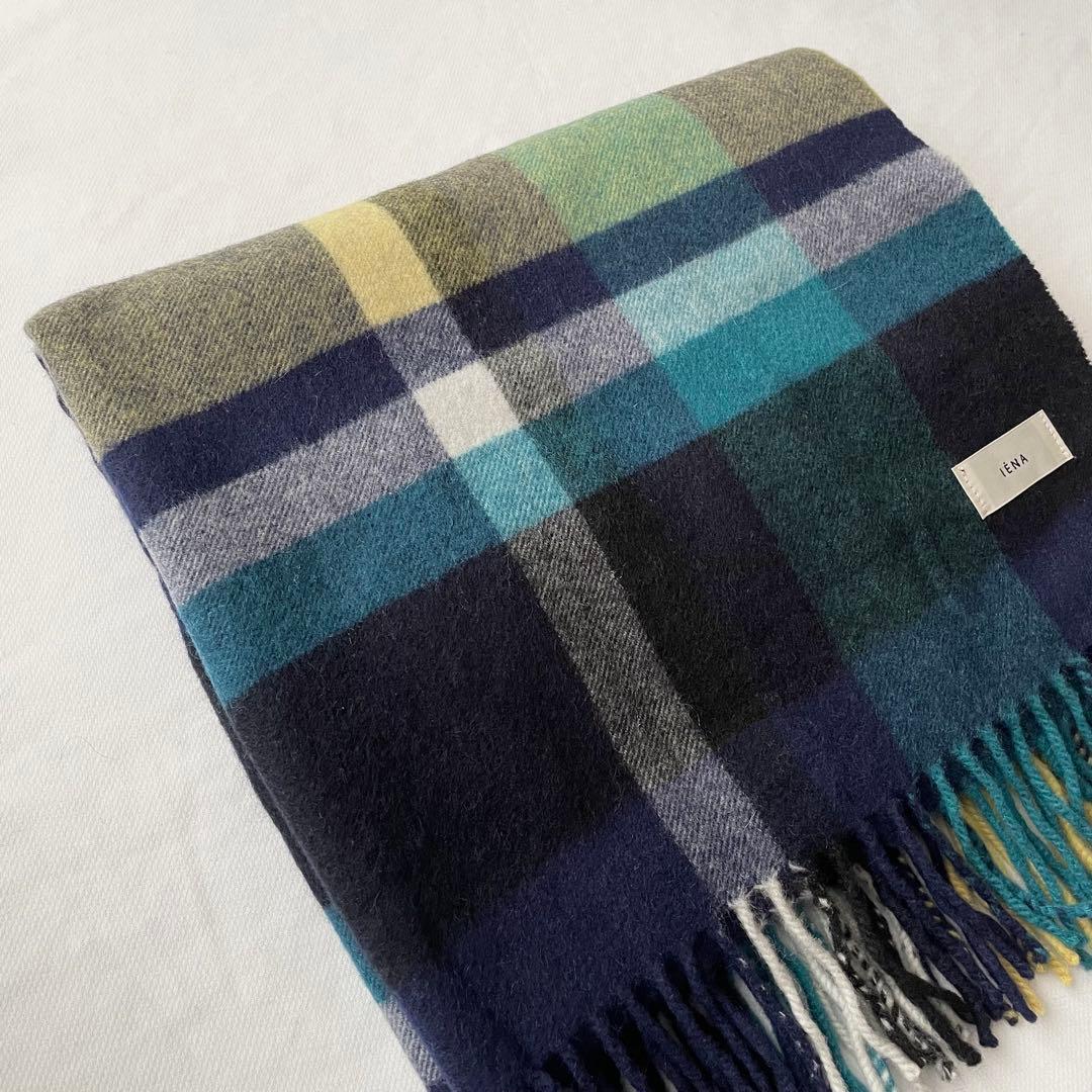 美品！IENAカシミヤストール 大判マフラー チェック イエナ ネイビー 紺色