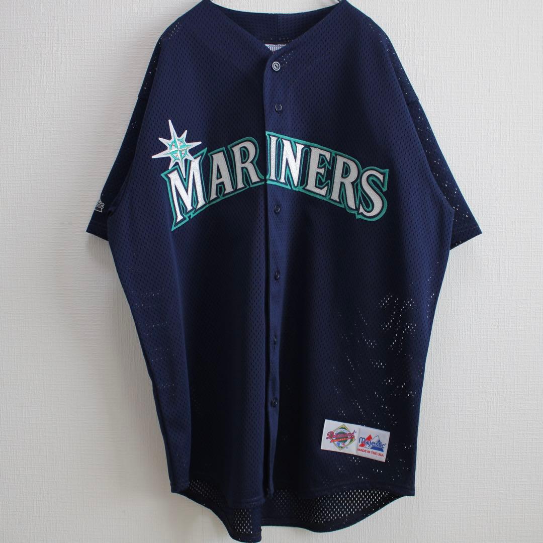 USA製90's　Majestic シアトル マリナーズ 濃紺 古着ゲームシャツ