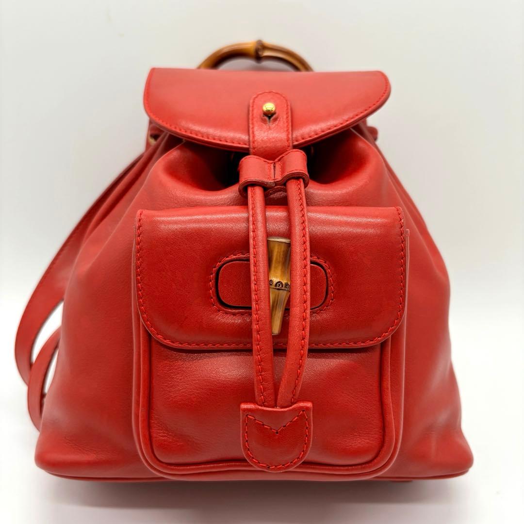 激レア美品 ✨ GUCCI リュック カーフレザー 赤 バンブー