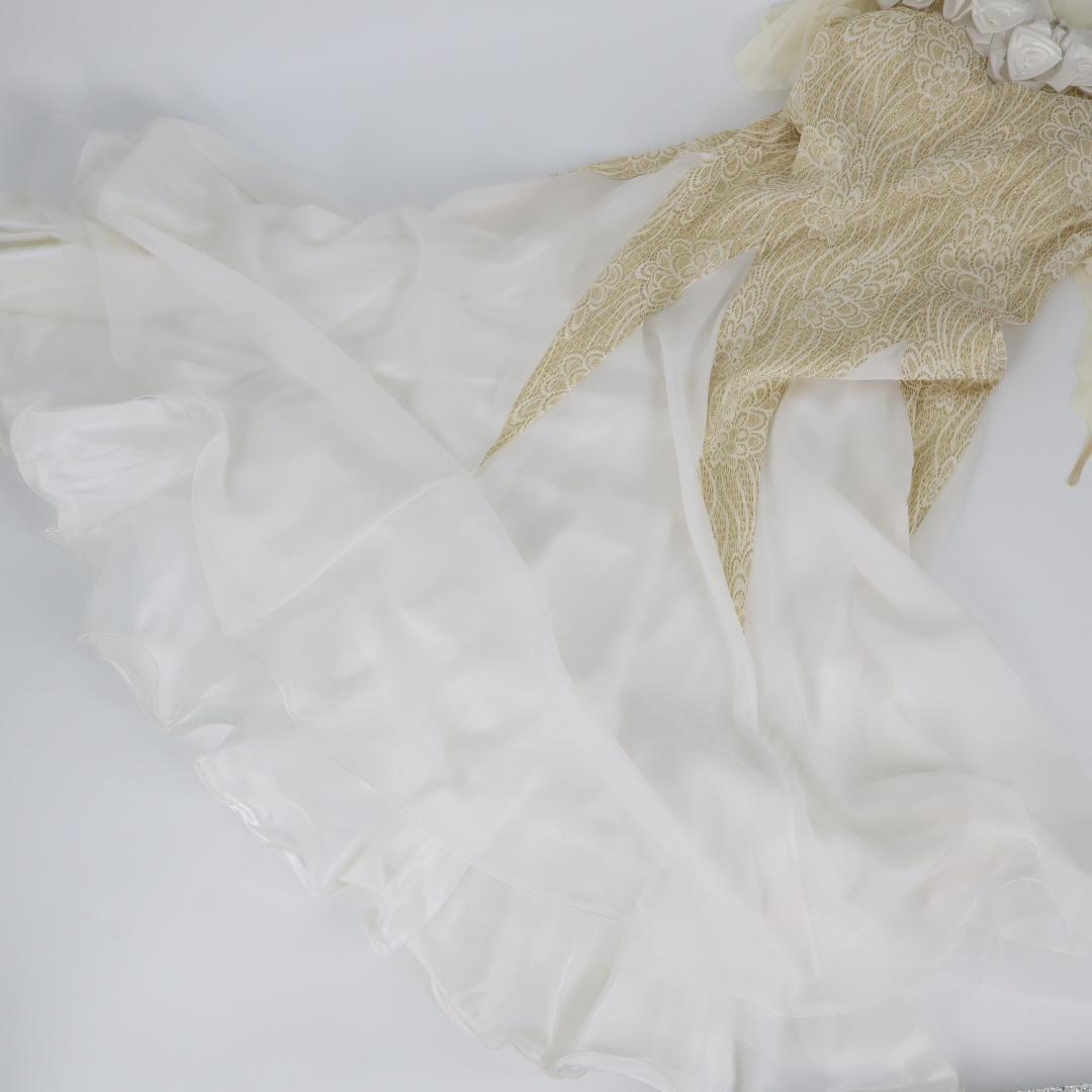 【美品 社交ダンス衣装】ゴールドレース地×ホワイト ドレス チョーカー