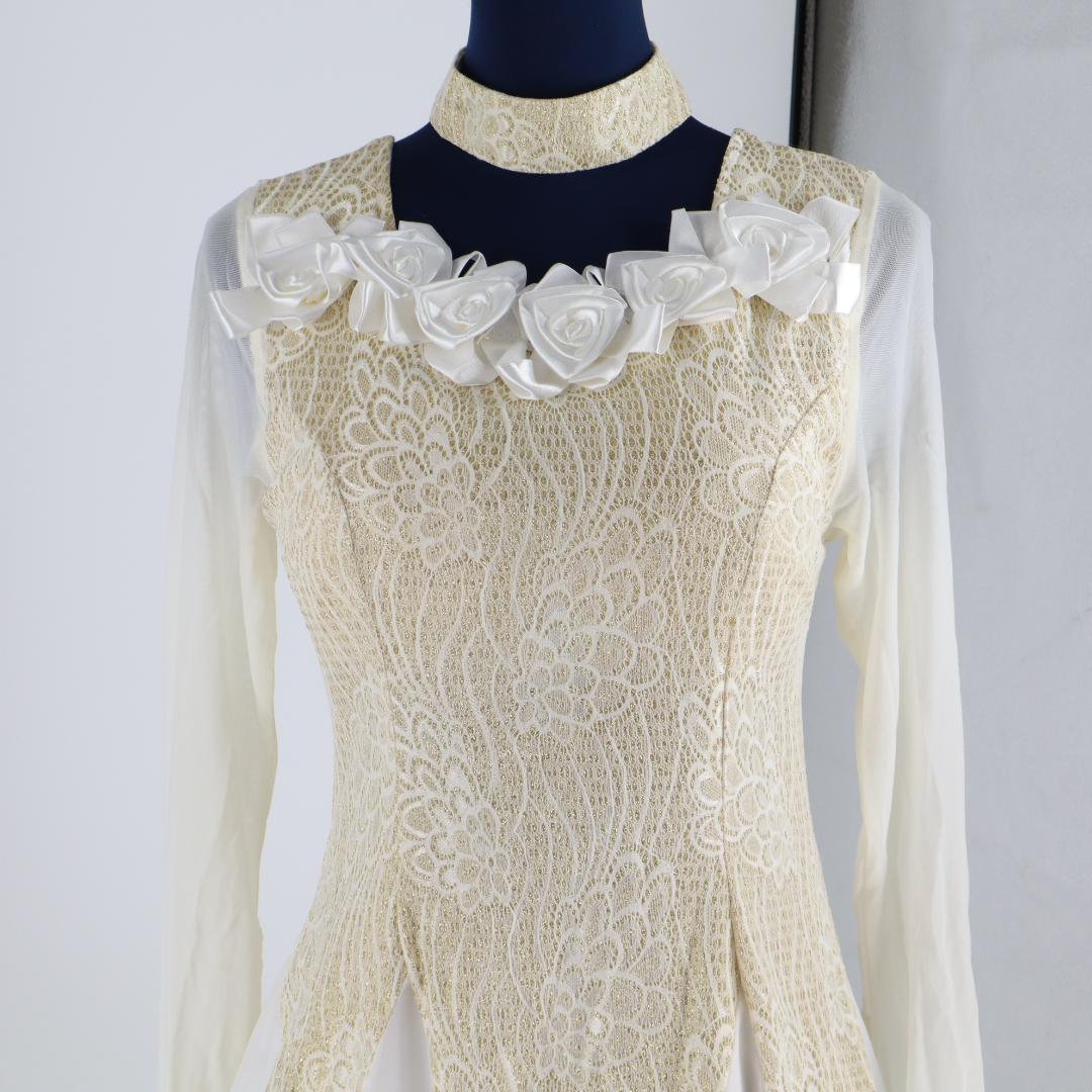 【美品 社交ダンス衣装】ゴールドレース地×ホワイト ドレス チョーカー