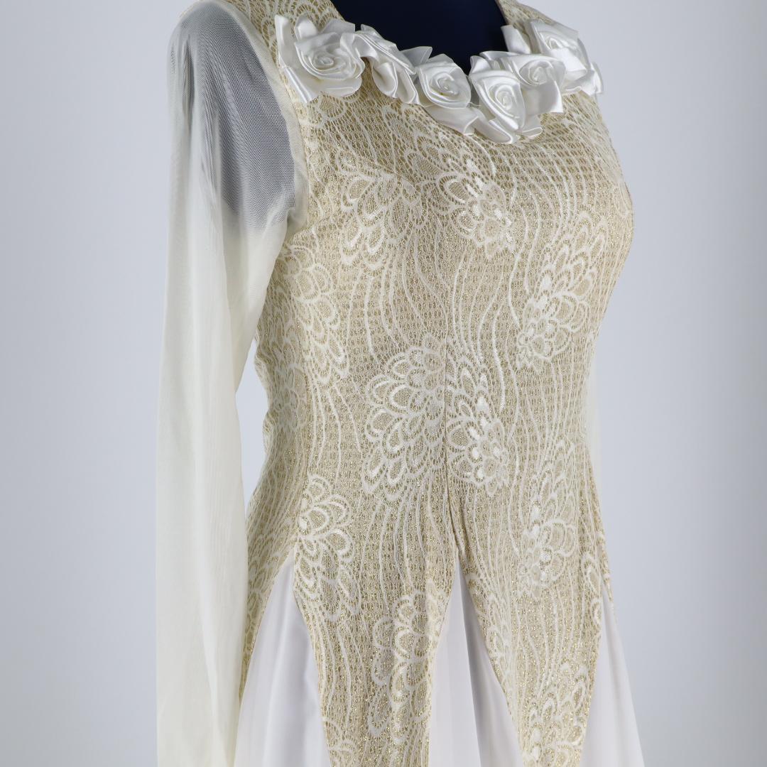 【美品 社交ダンス衣装】ゴールドレース地×ホワイト ドレス チョーカー