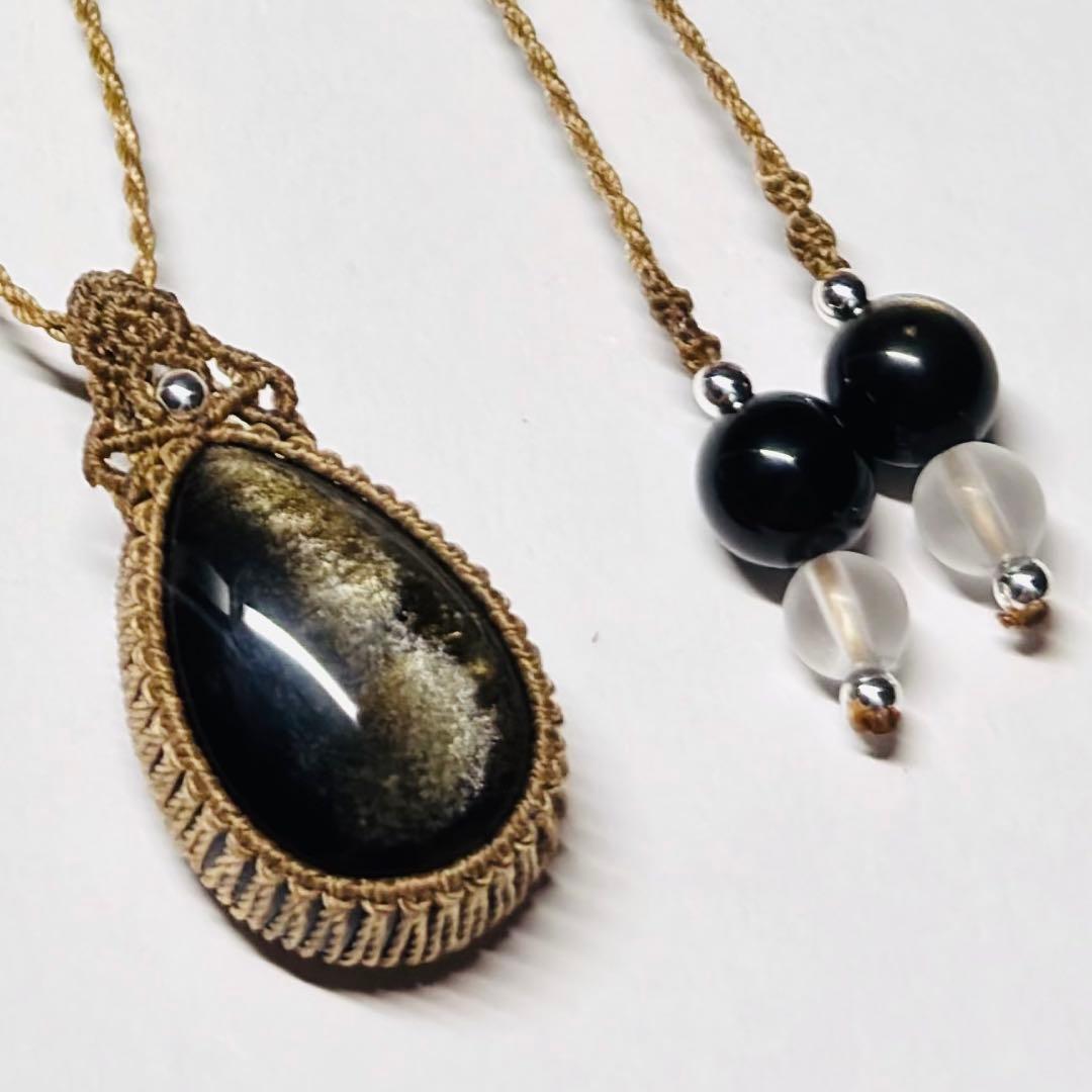 #2096 ♡ゴールドオブシディアン&フロスト水晶天然石♡マクラメネックレス
