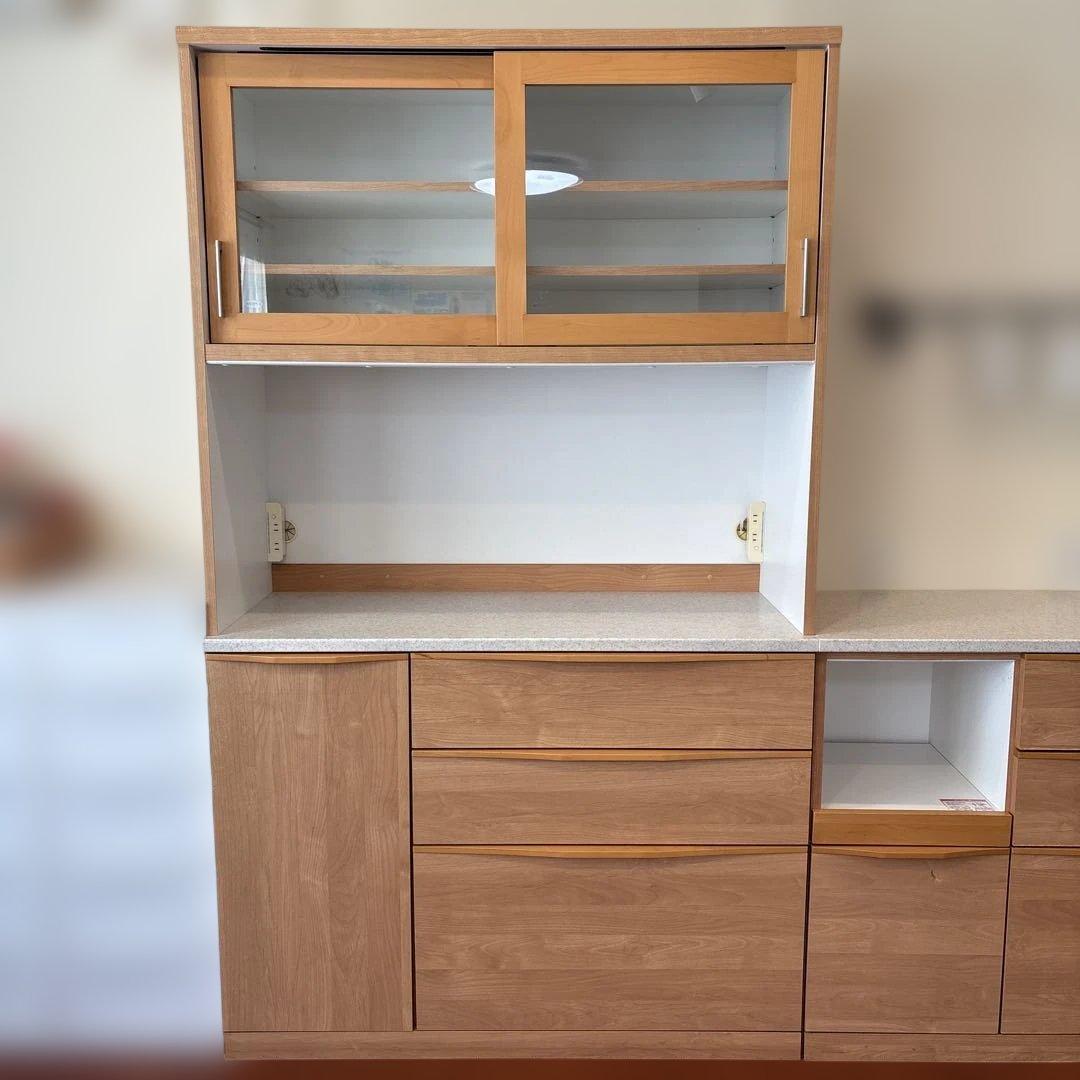 美品！堀田木工オープン食器棚ナチュラル木目調 食器棚 強化ガラス扉
