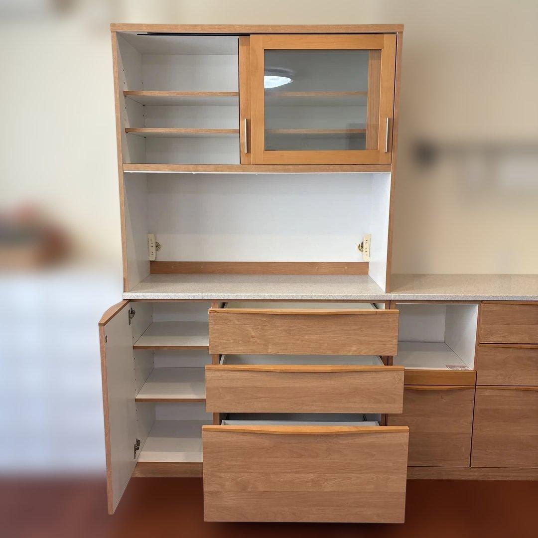 美品！堀田木工オープン食器棚ナチュラル木目調 食器棚 強化ガラス扉