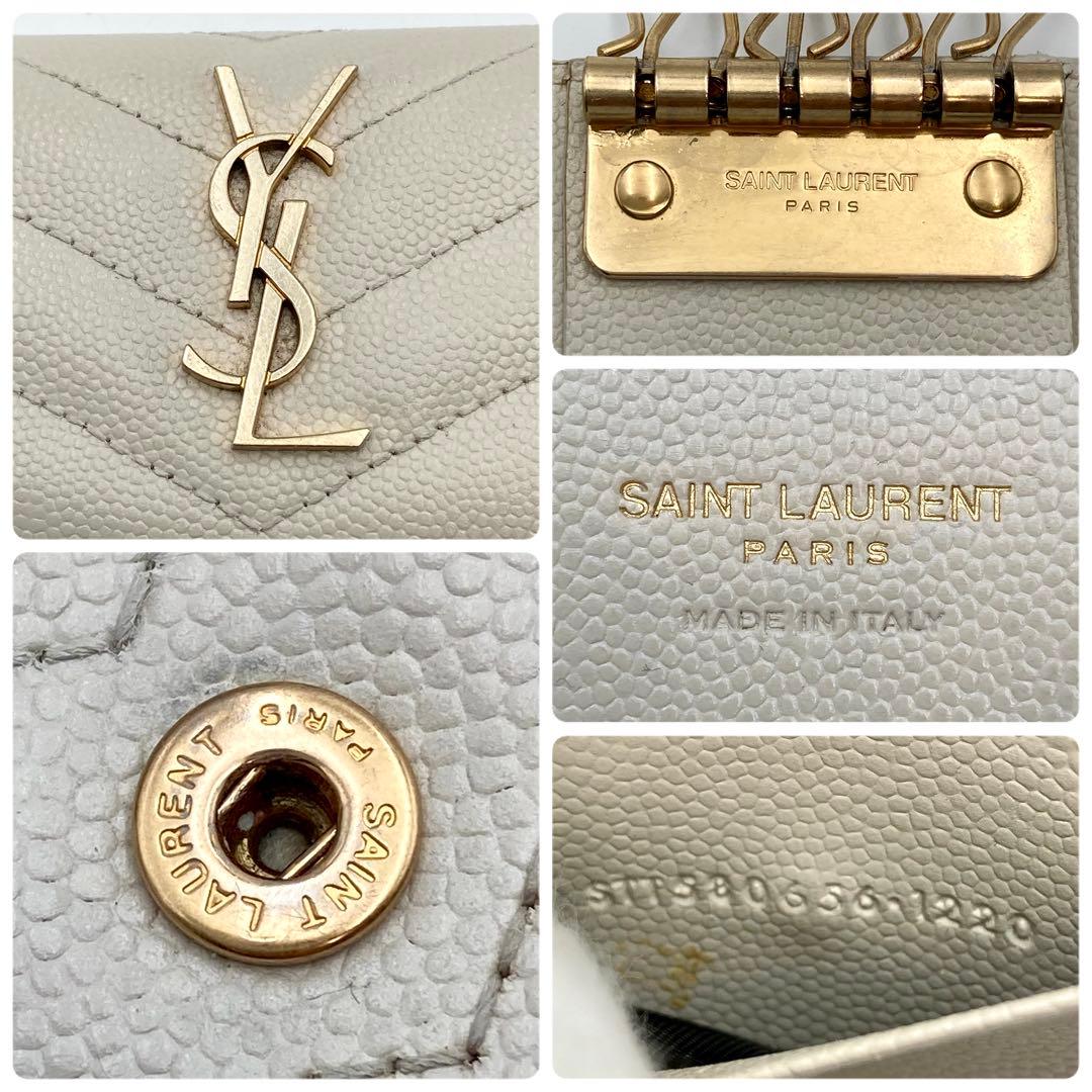 しきぶ✨ サンローラン 6連キーケース キャビアスキン 白系 YSL ロゴ