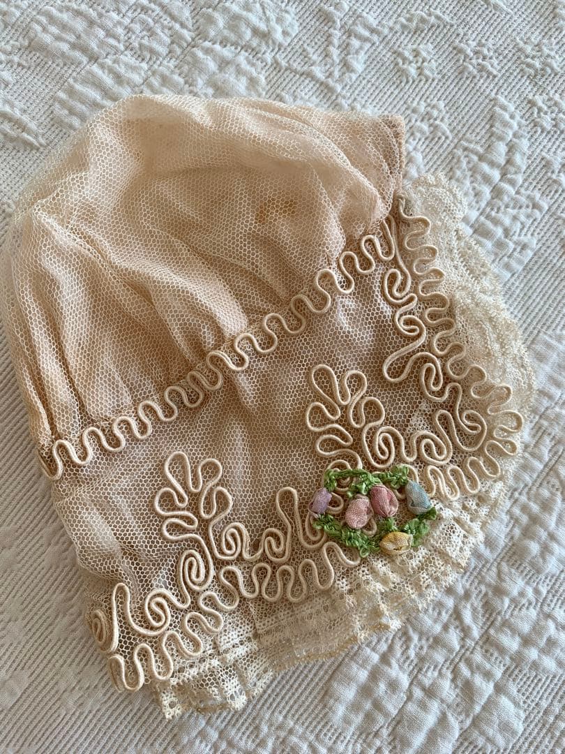 フランスアンティークチュールレースとシルクのボネ3点set※ロココ