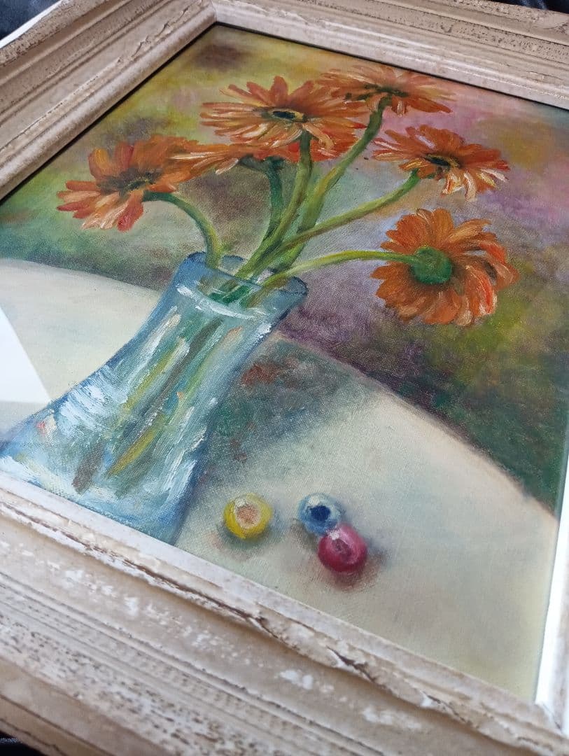 現代美術手描き油彩油絵額装縦５５Ｘ横４５Ｘ厚さ７センチ枠Ｆ６キャンバス品