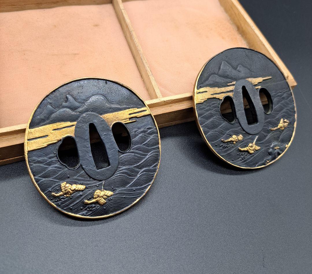 騎馬武者図大小揃い鍔 鐔 二点セット 日本刀 刀 刀装具 居合い