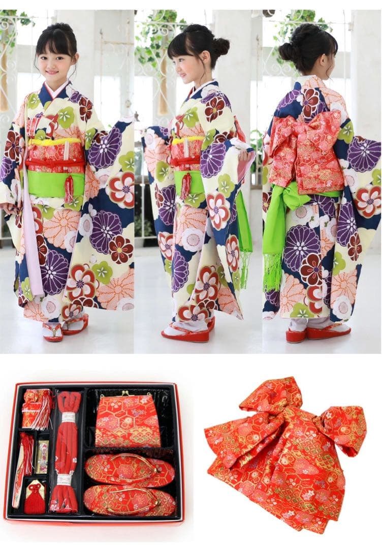 七五三 7歳 着物フル16点セット 28.クリーム地に菊・梅と雲