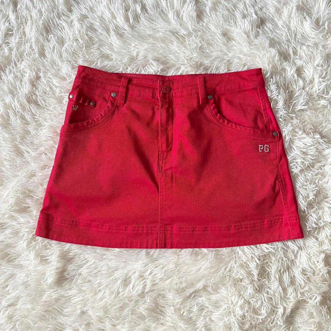 美品】パーリーゲイツ 25周年 赤デニムスカート 2 ゴルフウェア M PG