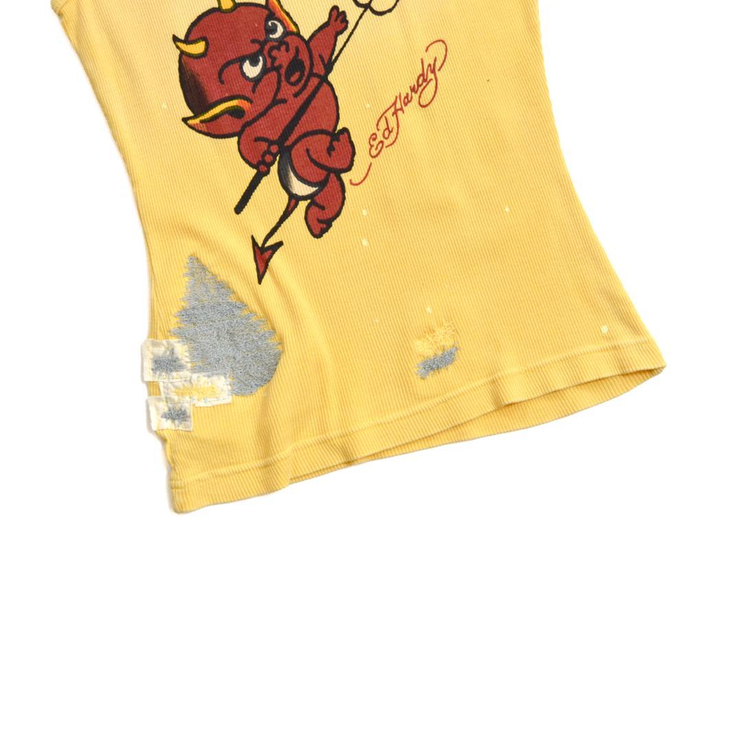 美品】ED HARDYエドハーディ ベイビーデビル ダメージドタンクトップ黄色