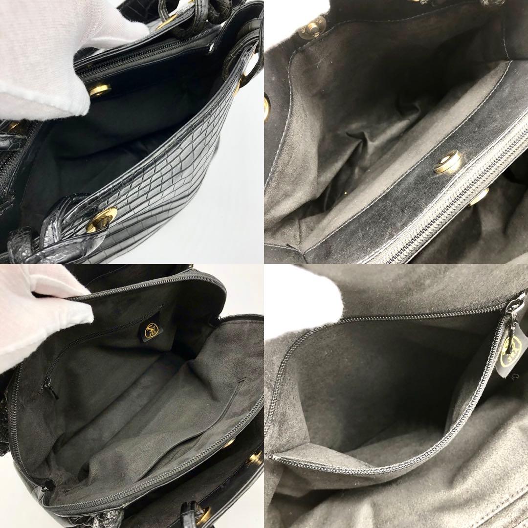 JRAタグ付　クロコダイル　ハンドバッグ　シャイニングクロコ　ワニ革　ブラック