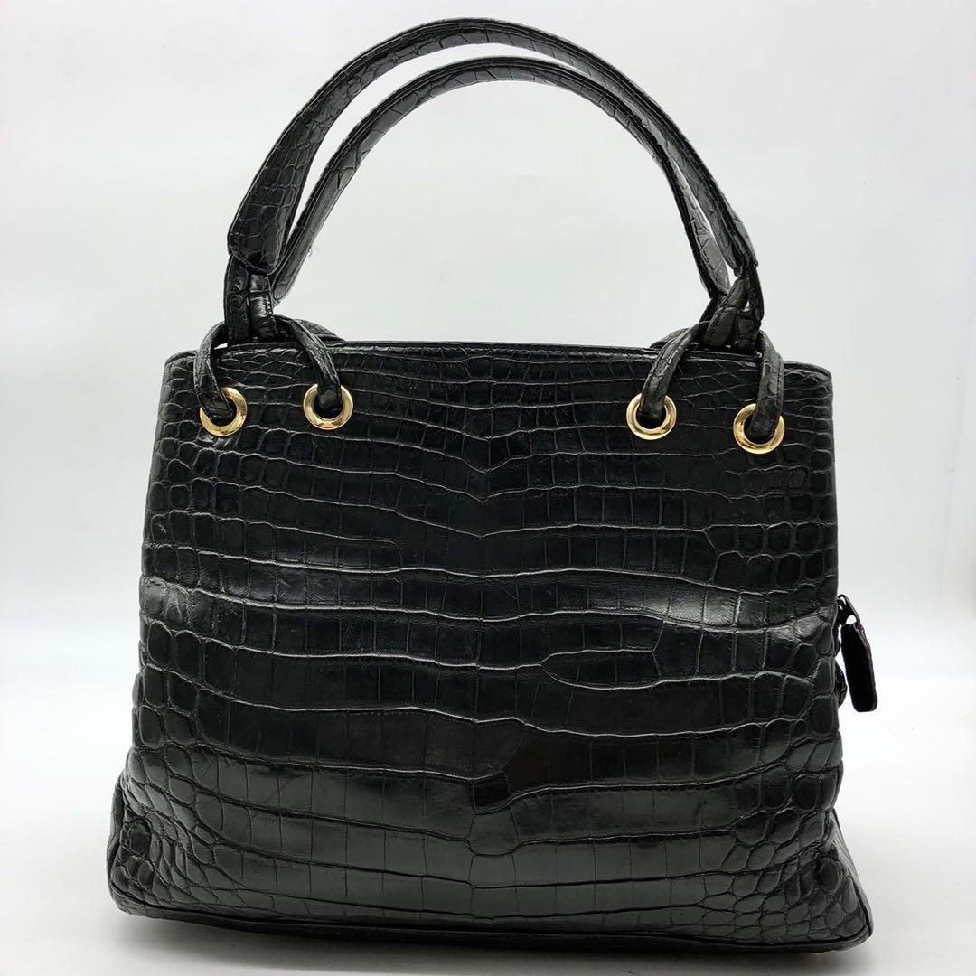 JRAタグ付　クロコダイル　ハンドバッグ　シャイニングクロコ　ワニ革　ブラック
