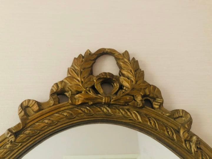 フランスアンティーク　大きなリボン&リース装飾ミラー　金ゴールド