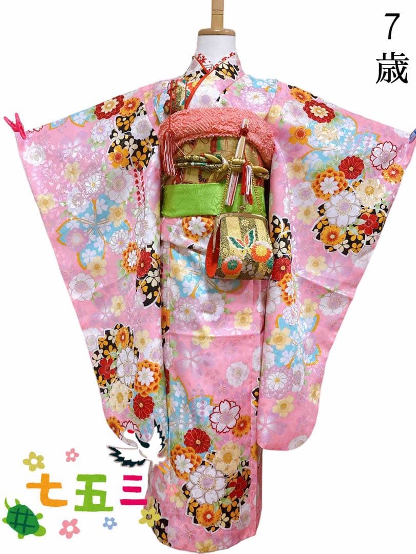 七五三3歳から5歳の女の子のお支度正絹手縫い朱色と藍色のコントラスト