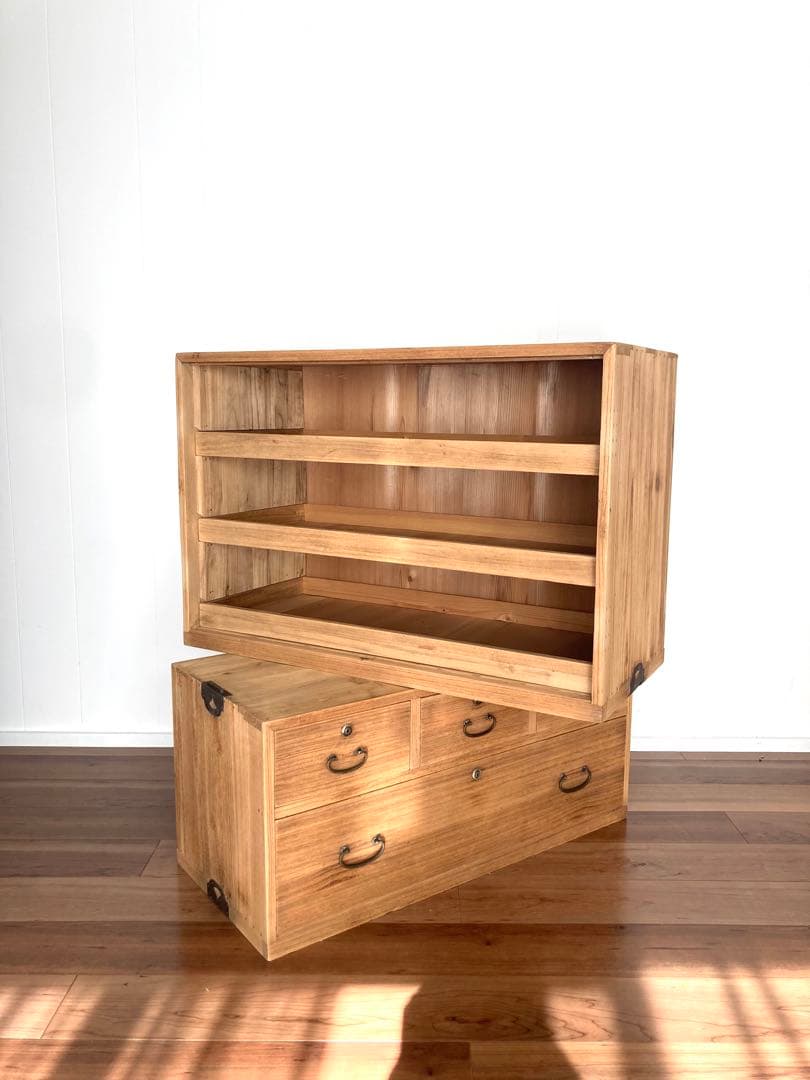 メンテ済】アンティークの二段収納棚 上下分割可 総桐 食器棚 剥離無