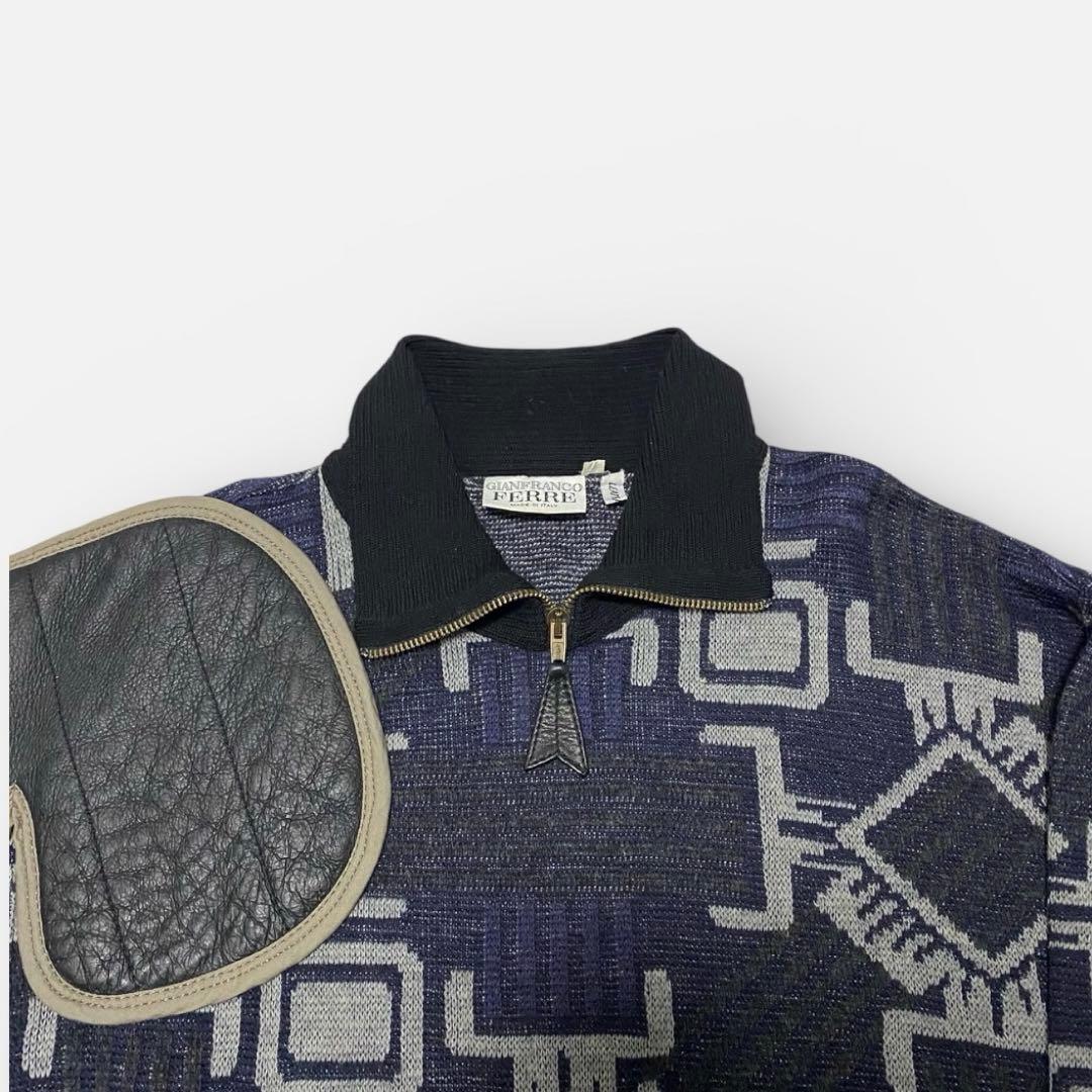 90's GIANFRANCO FERRE レザーパッチ　柄ニット メンズ48