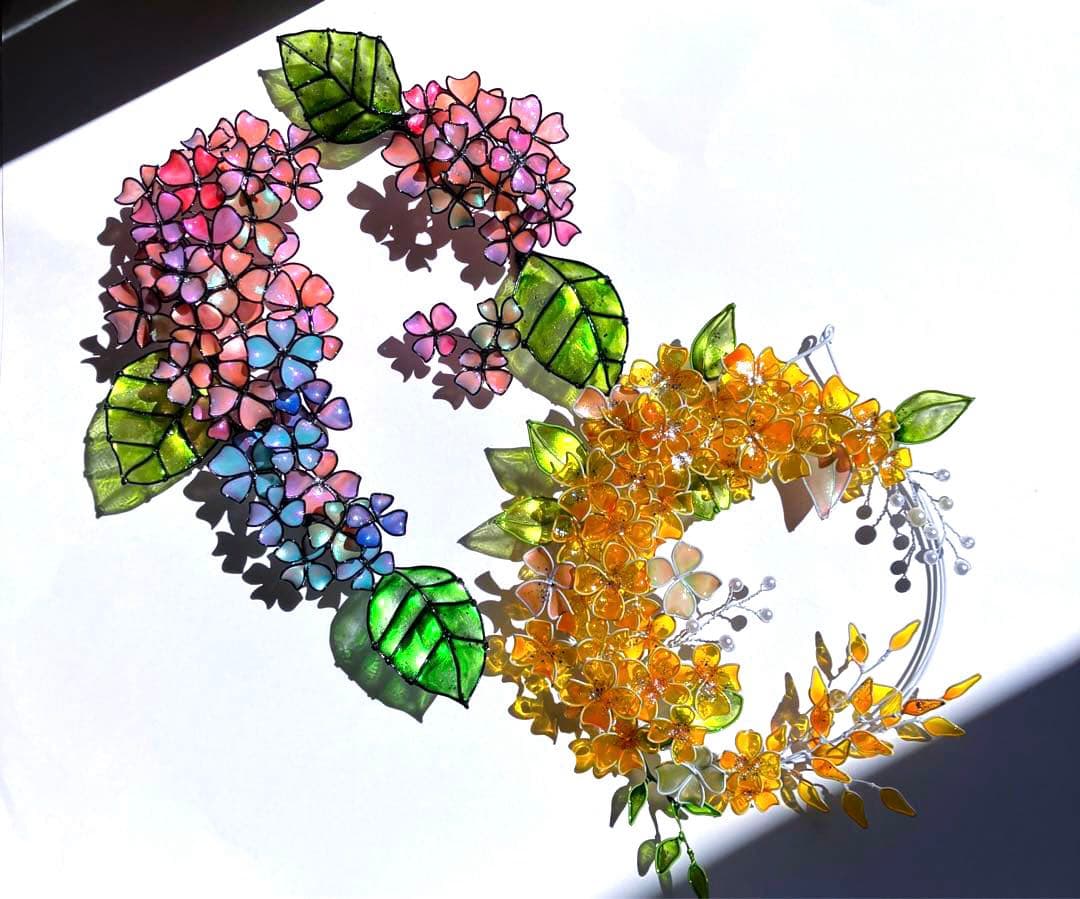 一点物　紫陽花リース　ワイヤークラフト　ディップアート　壁飾り