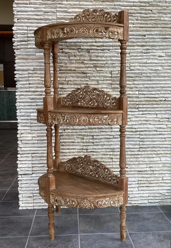 インドネシア　３段　飾り棚　木製　シェルフ　彫刻装飾