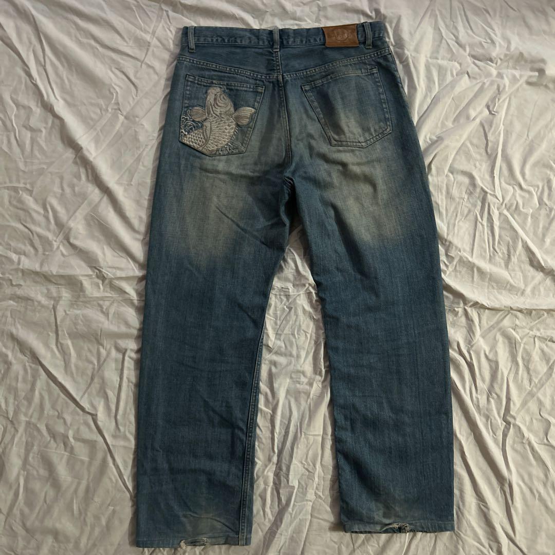 刺繍デニムパンツ 鯉と波