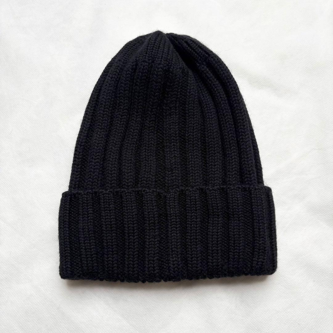 モンクレール ニット帽 ビーニー ケーブル網み ロゴワッペン ブラック