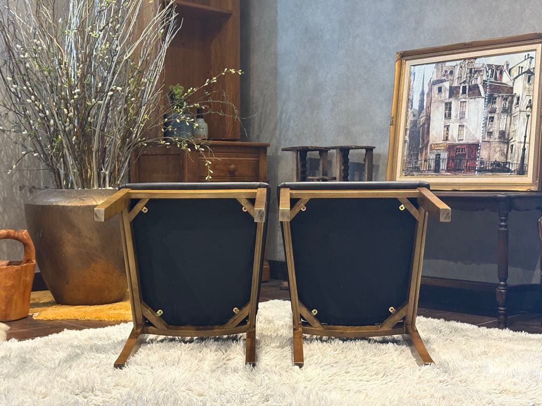 IDC 大塚家具 ダイニング リビングチェア ブラックレザー ビンテージ H