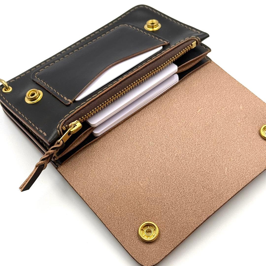 ミドルトラッカーウォレット(ブラック)サドルレザー　タロンジッパー　真鍮製