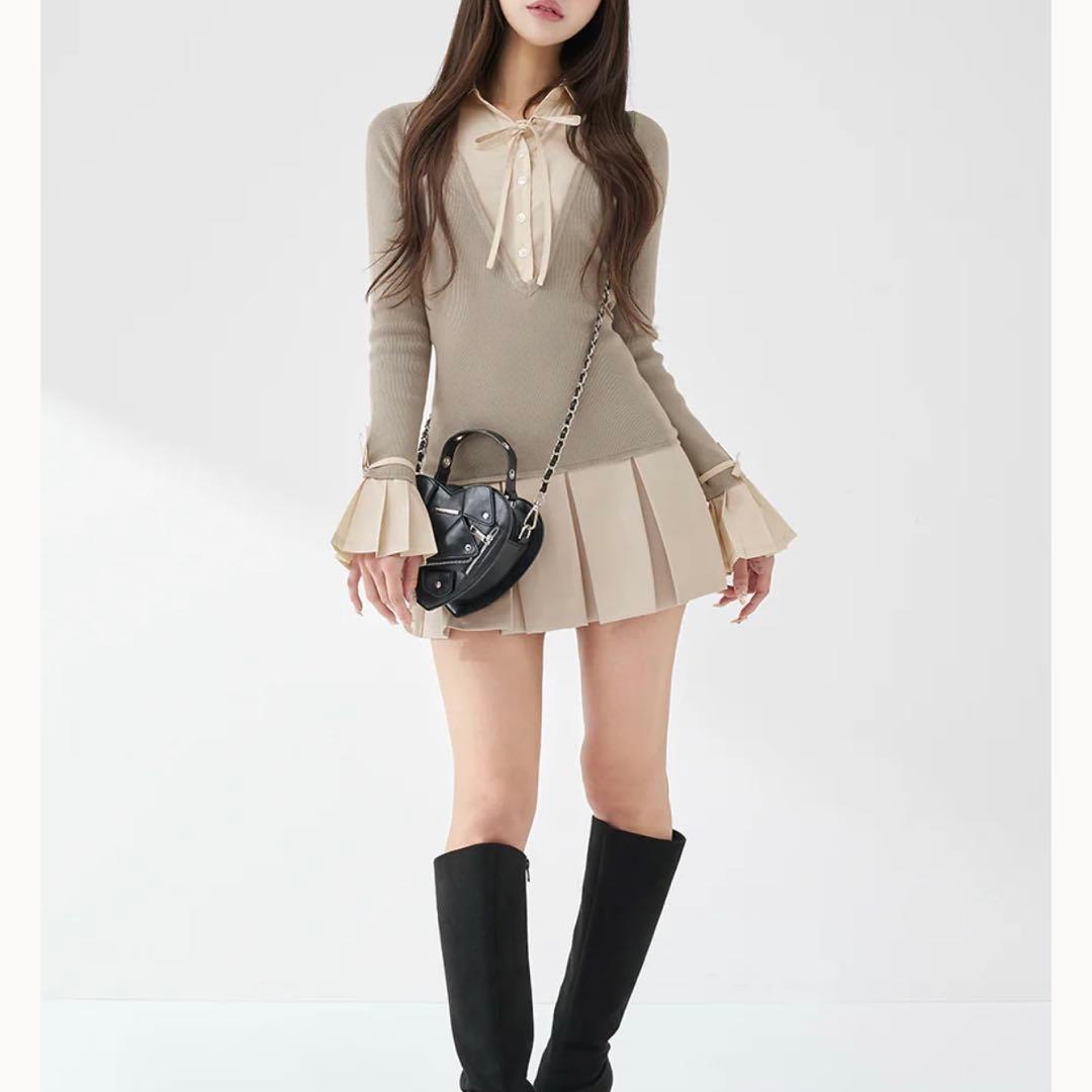 ダーリッチ シャツドッキングプリーツミニワンピース F グレー（GRY