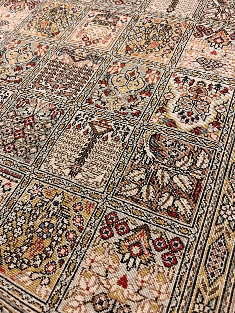 高級手織り絨毯 クム柄 イラン風 約100×60cm シルク混144000ノット