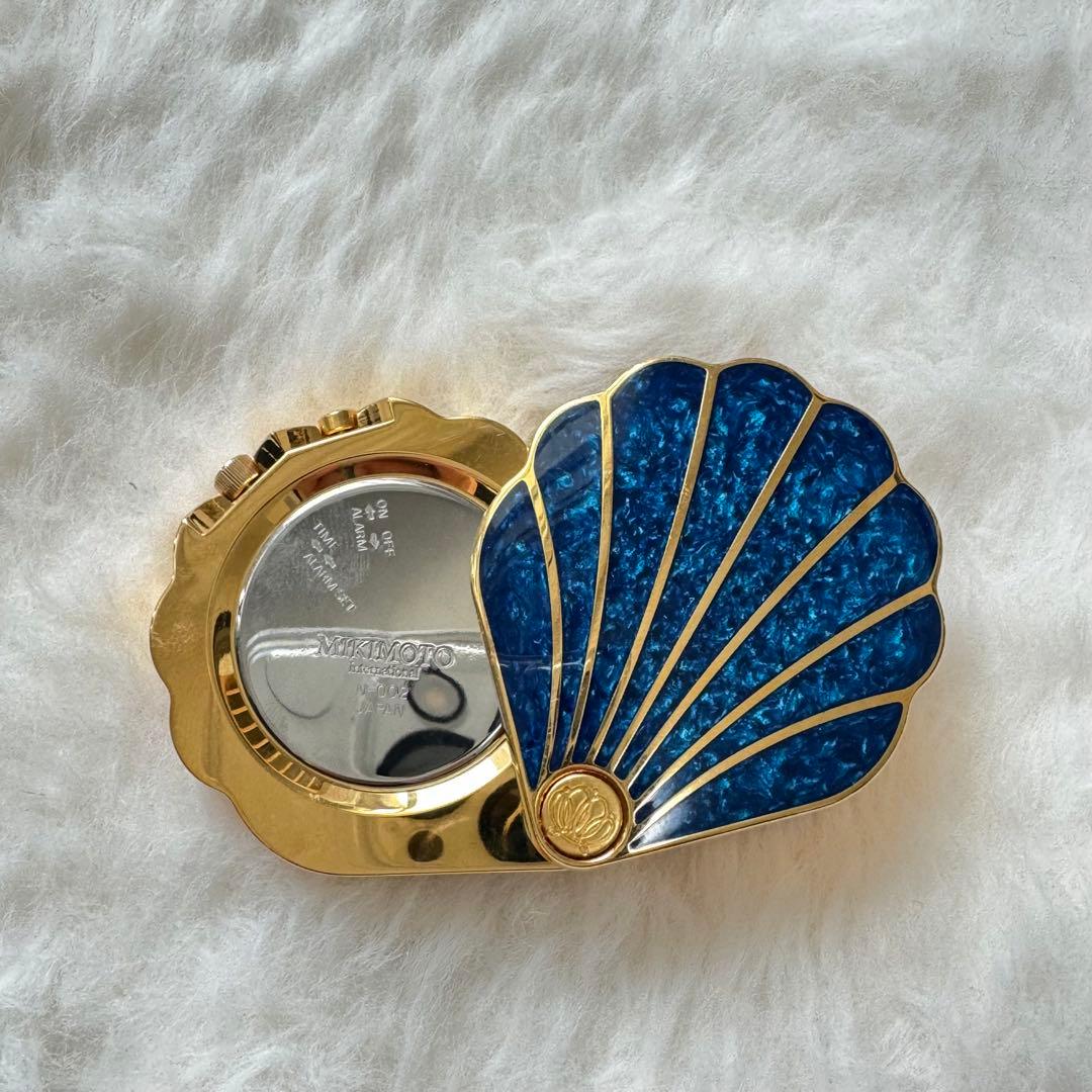MIKIMOTOシェル型トラベルラッカーパールクロック ブルー