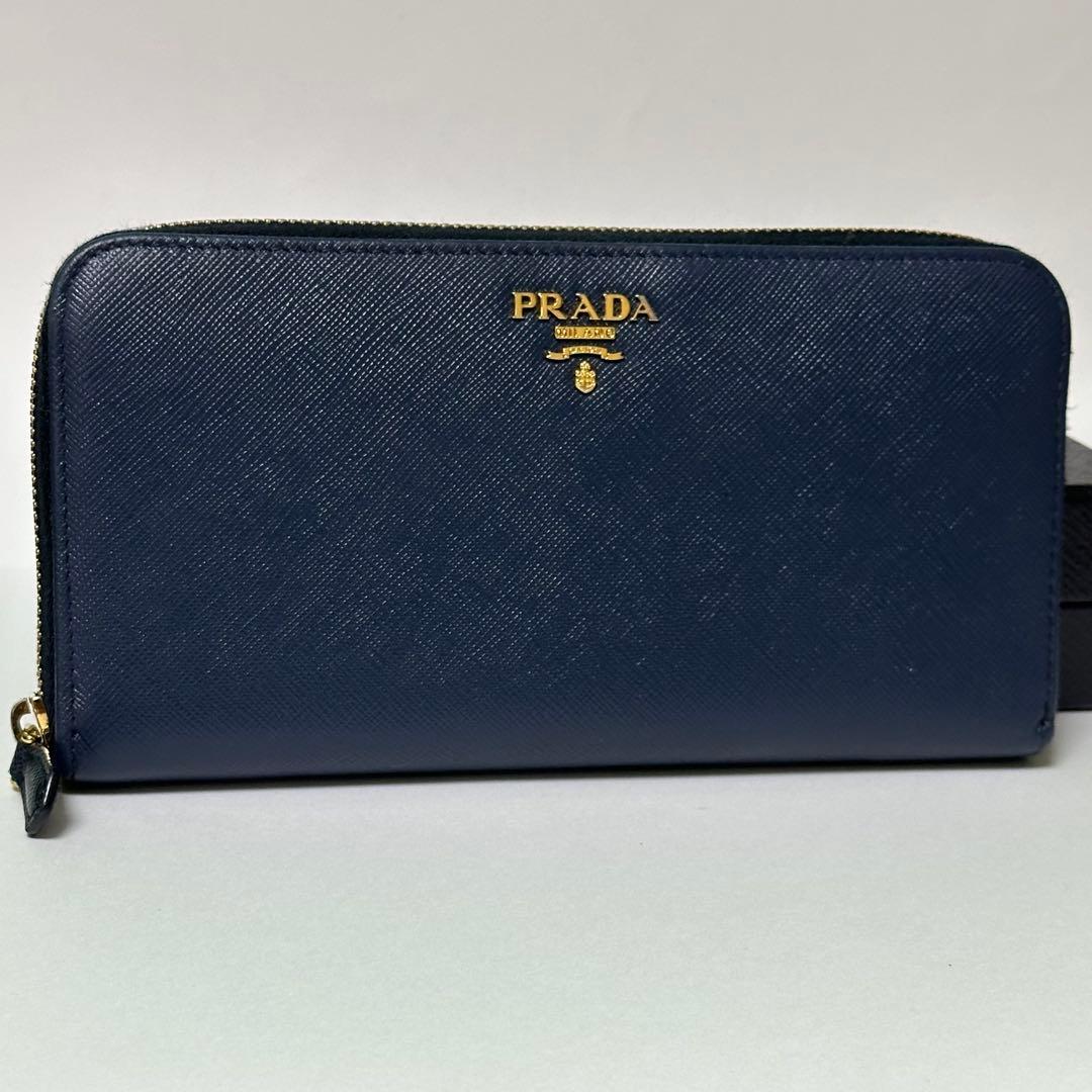 良品】PRADA プラダ 長財布 ラウンドファスナー ブルー系 ゴールドロゴ