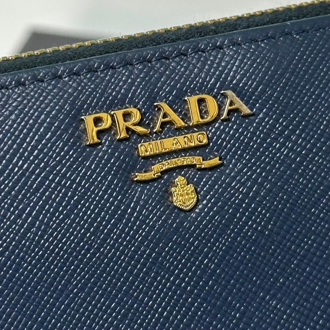 良品】PRADA プラダ 長財布 ラウンドファスナー ブルー系 ゴールドロゴ