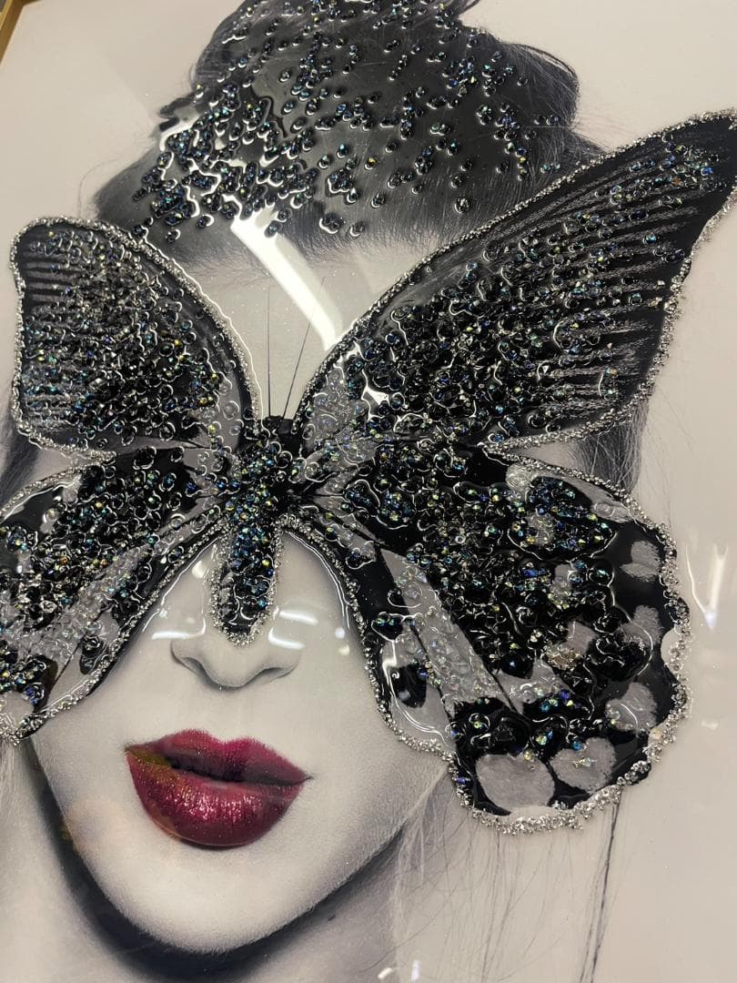 水晶絵　アートパネル　クリスタル　立体　絵画　アート　蝶　ブラック　モノクロ　金