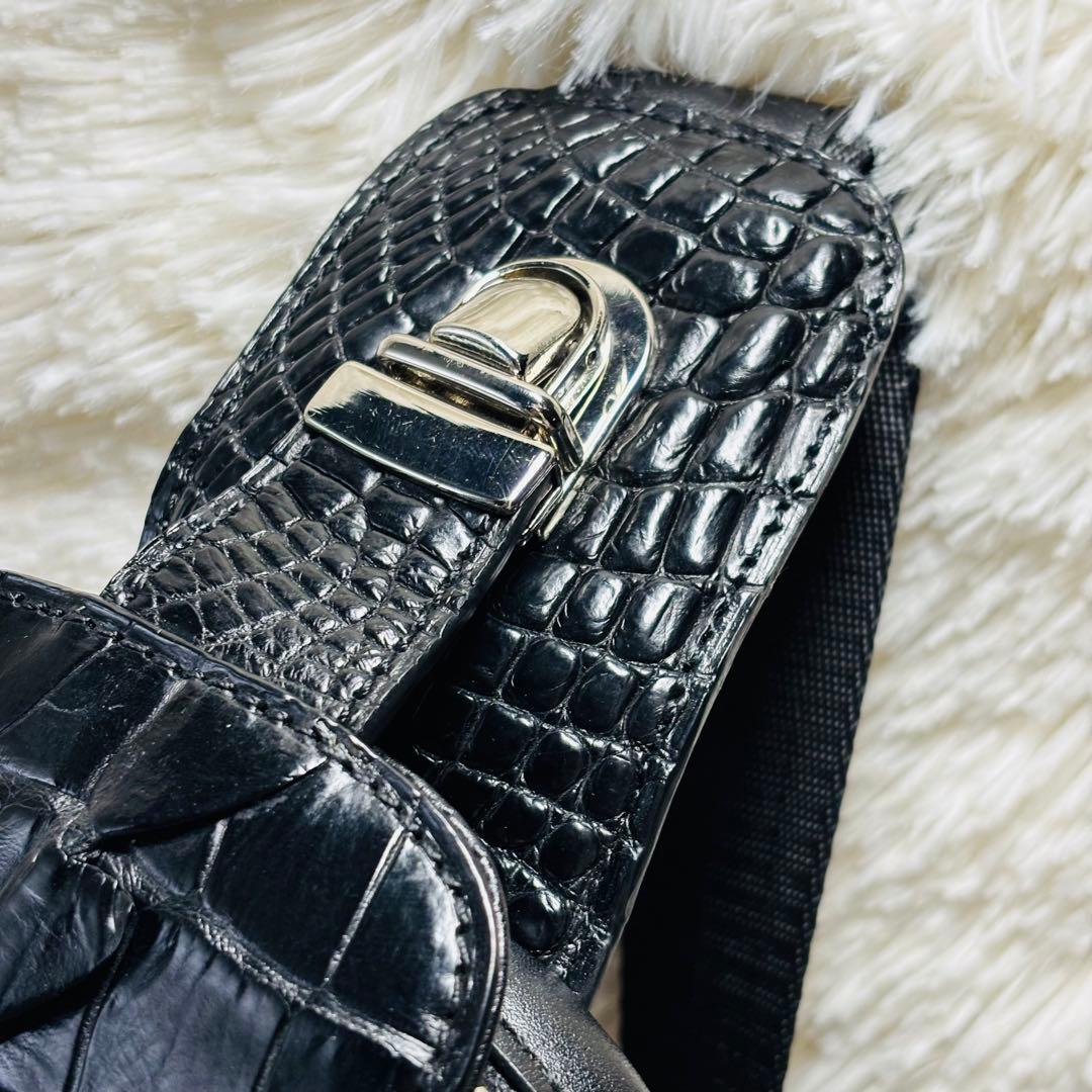 クロコダイル ボディバッグ レザー マットクロコ ブラック 斜め掛け
