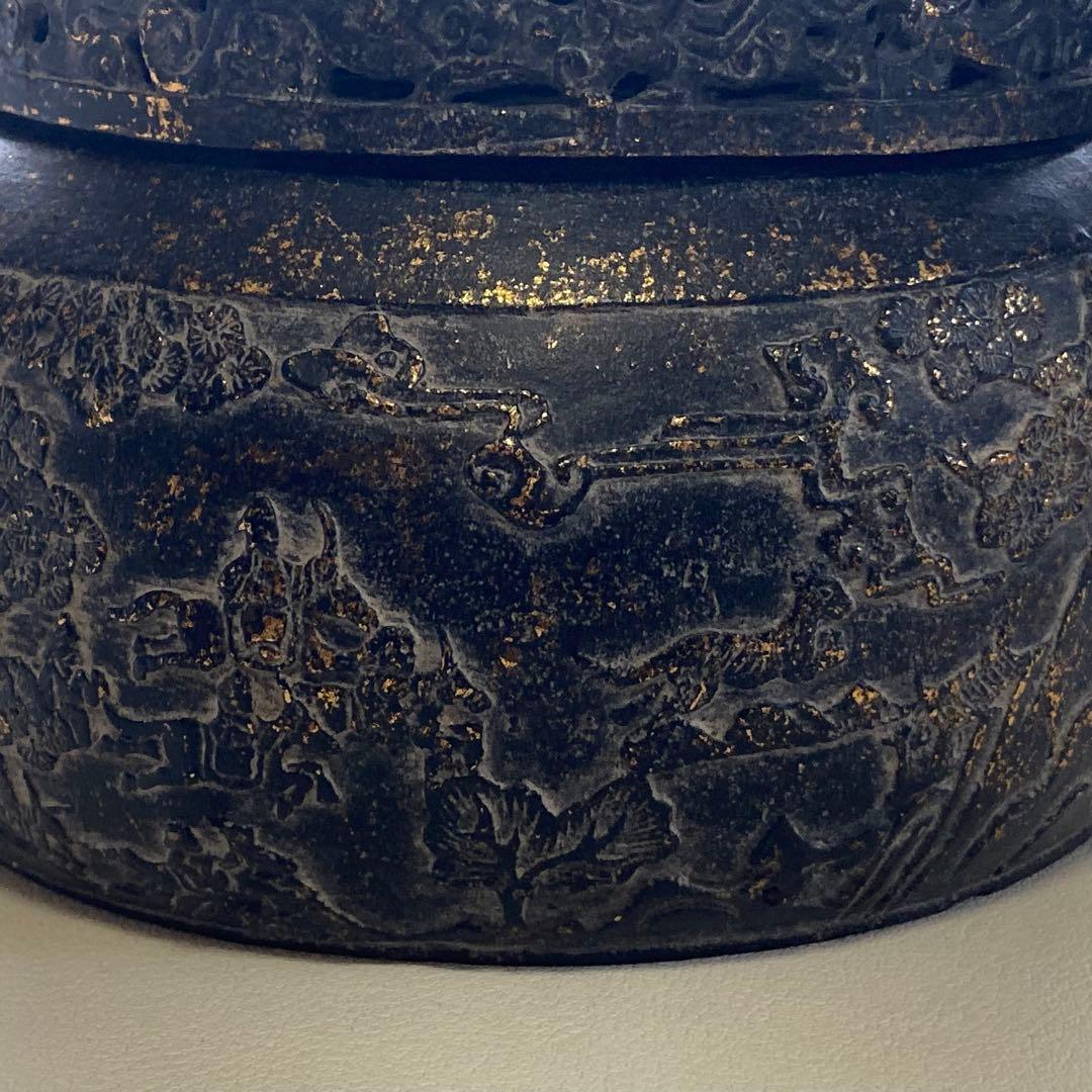 大明宣徳 香炉 手炉 手炙り 火鉢 蓋付き 手提げ 彫刻 透かし 金属 骨董品
