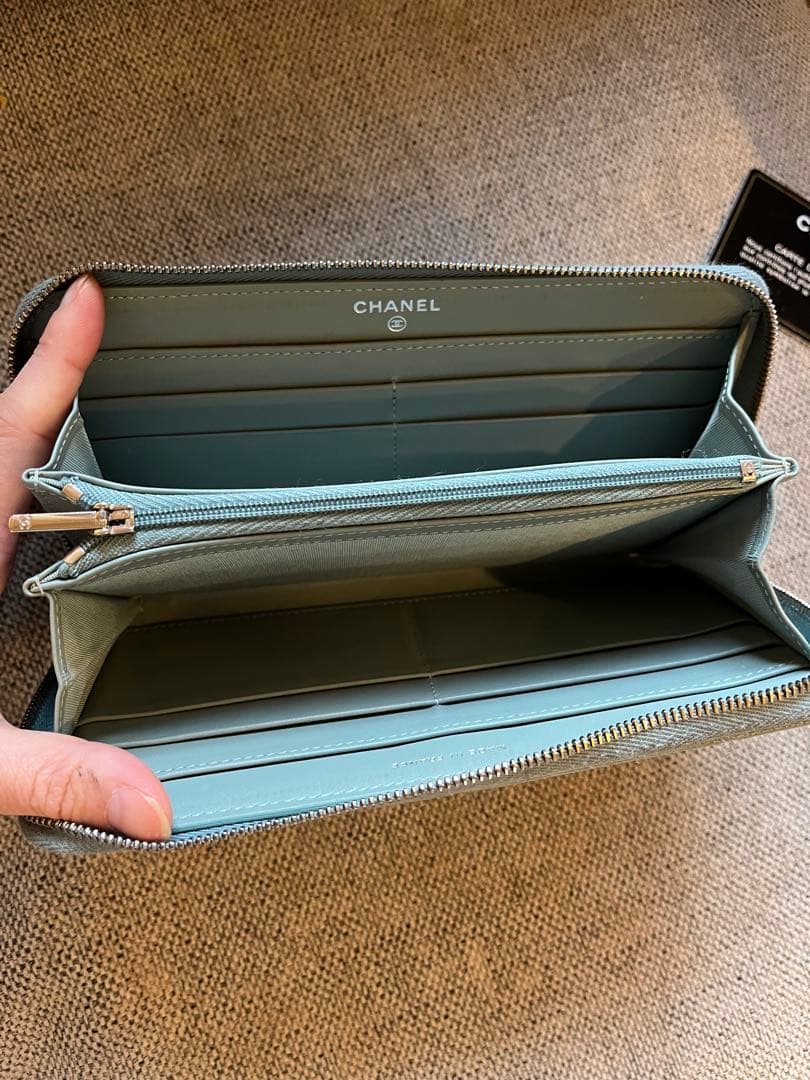 CHANEL キャビアスキン キルティングレザー 長財布 ミントグリーン 30番