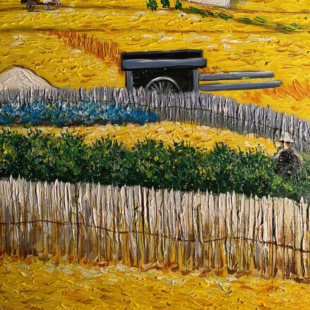 ★特大秀作★手書き油絵 ゴッホ ラ・クローの収穫 肉筆絵画 額付き 油彩画