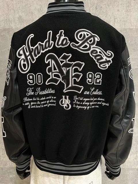 フェイクメルトン PU切り替え スタジャン 黒 L ビッグシルエット 刺繍