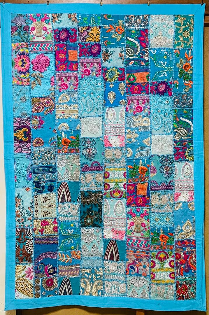 インド ビンテージ サリー パッチワーク タペストリー 刺繍 壁掛け 古布 3