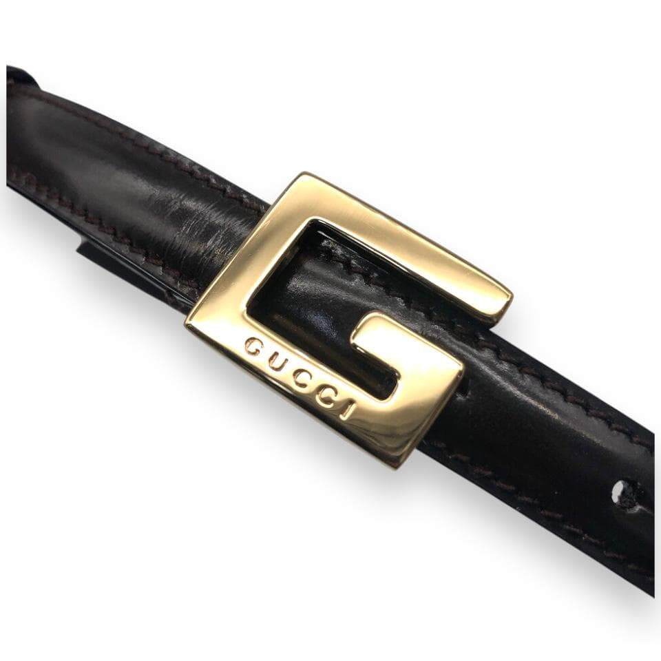 【美品】グッチ Gバックル 細ベルト ゴールド ダークブラウン イタリア製
